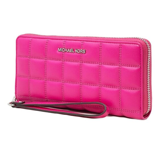 Michael Kors Women's Large Quilted Vegan Leather Zip Around Wallet Bright Pink - Picture 1 of 13